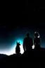 Placeholder: black background on a mountaintop and three silhouettes of a fit man, a silhouette of a fit woman, and silhouette of a Belgian malinois sitting next to the men and the woman looking at the stars