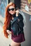 Placeholder: pretty young girl, red long haired, nice smile, sunglasses, headphones, nice body, big bubs and nice legs, little leather jacket, skirt and boots rocker fashion