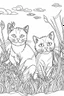 Placeholder: coloring page for kids, Cats in the grass, cartoon style, thick lines, low detail, no shading