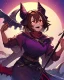 Placeholder: girl, brown hair and freckles on her cheeks, red eyes, has sharp teeth, wears a male battle outfit, has a large axe, hair covers one of her eyes, she is tall and strong, her main color is purple and black