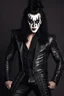 Placeholder: (((12-inch-high Platform Boots::1.5))), an extremely muscular 18-year-old Gene Simmons with (((Kiss Makeup on))), smiling, (((Black lipstickl:1.5))), with (((long, black hair, ((((man bun on top:1.5))))\))), wearing a skintight, formfitting black leather bodysuit and codpiece, with (((spiked metal shoulder and chest armor))) and black cape, (((Bass Guitar shaped like an Ax))), (I Love you Hand sign), Fist pumping, action poses, Leaning against the wall, posing for his picture, holding his cape