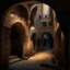 Placeholder: in an dark dirty underground city with many buildings pueblo, greek, and islamic architecture