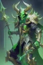 Placeholder: Demonio futurista en armadura verde con dorado y un casco de craneo verde empuñando una lanza