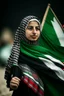 Placeholder: A very beautiful girl carrying a large Palestinian flag in her hands and waving it while wearing a keffiyeh and an embroidered Palestinian dress.