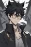 Placeholder: Anime style man with messy black hair and black cat ears. gold eyes. Glasses