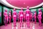 Placeholder: Hyperrealistisch stämmige, üppige Frauen völlig verhüllt von identischen pinkfarben glänzenden Ganzkörper-Zentai mit geschlossenem Visier in pinkfarbenem, geschlossenem Helm stehen Schlange vor Drehkreuz auf gekacheltem Flur