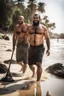 Placeholder: half figure shot photography of two strong muscular chubby hairy burly 32 years old ugly arab fishermen, short beard, shaved hair, shirtless, manly chest, swimwear, emotive eyes, tank top, walking on the beach in the sun, side light, sweat and wet, ground view angle