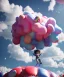 Placeholder: Ultra realistic clouds sky scene, wide angle, sweet childs falling down, inflatable color clothing, free jumping flying, many trinkets, monster hair, hair monster, many jelly beans, balls, smile, happy, circus style, extreme, wind, clouds sea, 20,000 feet altitude, stratosphere, soft color, highly detailed, unreal engine 5, ray tracing, RTX, lumen lighting, ultra detail, volumetric lighting, 3d, finely drawn, high definition, high resolution.