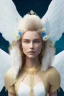 Placeholder: Flower, angel man, (detailed face )++, (detailed blue eyes)++ (long blond hair)++(pectoro visible)++(smile)++, , (two feathered wings on his shoulder blades)++, beautiful place, incredible, cosmic, colours, planet, gold, realistic, real photo, stars at night, detailed, high contrast, 8k high definition, unreal engine 5, extremely sharp details, (lighting effect, light background)++.