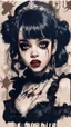 Placeholder: Poster in two gradually, a one side malevolent goth vampire girl face and other side the Singer Melanie Martinez face, full body, painting by Yoji Shinkawa, darkblue and sepia tones,