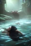 Placeholder: a beautiful woman, long curly black hair,closed eyes,coming from beneath the water,braking the surface with her face just coming out the water,looking up symbolism for breaking free. realistic,8k quality, action close shot from areal view,highly detailed , chaos 80