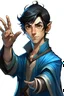 Placeholder: a young half elf man sea sorcerer black hair, small pointy ears and blue eyes. Pointing a finger and thumb like a gun