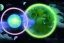 Placeholder: cosmos, sky stars, sky blue light, light, multiple green moons with neon rings