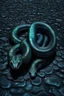 Placeholder: A two headed snake digital portrait, dark fantasy, black iridescent scales, holographic, shiny, PVC texture, wet look,