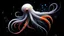 Placeholder: a realistic small white squid with long tentacles floating in a black ocean with bursts of vibrant ink in bright colors surrounding