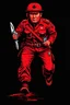 Placeholder: native canadian soldier(uniform and face based on racist steriotypes) running towards viewer, a knife i one hand, and a gun(barrel pointing at viewer) in the other. blocky retro 1960's jack kirby style poster in monochrome with white background