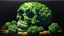 Placeholder: acrylic illustration, acrylic paint, oily sketch, human skull made of broccoli, dark background, backlight