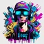 Placeholder: Vector t shirt art ready to print colorful graffiti illustration of a cyberpunk boys and a basecap with text "Digi".On cap, headphone, explore, white background.