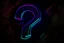 Placeholder: black background, outlines of a holographic question mark drawn from thin neon-coloured glowing lines