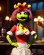 Placeholder: waitress woman with monster muppet mask that covers her entire head, retro style, Sesame Street style, smooth, unreal engine 5, god lights, ray tracing, RTX, lumen lighting, ultra detail, volumetric lighting, 3d.