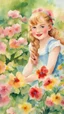 Placeholder: Anne Shirley, vintage, 10 years old, summer, pretty face, beautiful flowers, Eiffel Tower in the background, flowers, colorful, watercolor, watercolor painting, beautiful painting, watercolor detailed art, post card