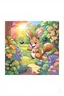 Placeholder: The friendly squirrel holds a blueberry excitingly in the air, the sunlight shining on the blueberry, colorful garden background , child book illustration style, faces must be the same as reference image