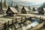 Placeholder: sketch of a old wooden village under the mountains, slovakia in year 1800. Beautiful sketch pictur.e. Near the village is beautiful stream with little bridge. The view ia from the sky, the village is in the valley. Mountains are in the mist.