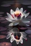 Placeholder: Glowing Burgundy and white lily pad flower at night, in pond, centered highly detailed, sharp focus.