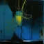 Placeholder: Minimal abstract oil painting of a blue plant in concrete warehouse brutalist architecture and hanging wires illuminated at night. With triadic yellow colours. In the style of Justin Mortimer and Phil Hale, Ashley Wood