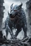 Placeholder: frost hellhound out of the abyss monstrous with five heads in ruins of medival town