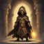 Placeholder: Abelazar is a redguard necromancer dressed in ritulalistic bronze robes with a bronze helm with curved sides and hood surrounded by glowing gold ghost minions in a crypt, in chibi art styles