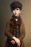 Placeholder: old oil painting, portrait of oliver twist, boy crying, oil on face, 1800s clothes, wearing tophat, factory and oil in background, realistic detail, atmospheric lighting