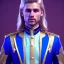 Placeholder: Handsome prince galactic, glitter blue prince suit with jewels and stripes, long blond hair, blue eyes, cinematic lights unreal engine 5, 4k, focus details, beam