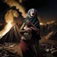 Placeholder: A Palestinian woman wearing the Palestinian dress carries her dead son as she screams and cries at night, with explosions in refugee tents behind her.