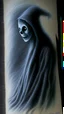 Placeholder: pencil drawing of a ghost. Spooky, scary, halloween, colored pencils, realistic, black paper