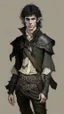 Placeholder: ron koza style, young man elf, he has curly, black hair and sharp cheekbones. His eyes are black. pale skin. He wears fantasy medieval clothes. full body with boots