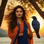 Placeholder: Hyper Realistic photographic-view of a Beautiful-Young-Happy-Pashto-Woman-with-a-bird-on-his-hand with navy-blue-dress-&-orange-shawl & breeze-whirling in a jungle-with-tall-trees & cloudy-sunset-&-sun-rays showing dramatic & cinematic ambiance