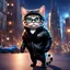 Placeholder: Gato antropomorfico con chaqueta negra, gafas negras, asustado, estilo Pixar, fondo de ciudad