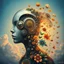 Placeholder: a dreamlike humanoid figure, its face dissolving into a swirl of metallic spirals, mirrored lenses, and abstract botanical shapes. The body flows into intricate glowing symbols and floral patterns that blend into the air. A soft radiant sky in the background gives the sense of the figure hovering between organic life, machinery, and pure imagination. Rich vibrant colors, surreal oil painting texture, poetic and mysterious --ar 3:4 --v 7 --style ultra --q 2
