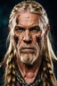 Placeholder: portrait of a 60-year-old viking , long blond hair with Two braids hung down neatly in front of his ears. Rugged face with a scar. blonde beard, fantasy