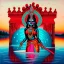 Placeholder: An oil painting of goddess Kali crossing a lake, neon red colors