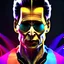 Placeholder: Bright neon colors with deep black ink outlines, portrait of Johnny Cage in his 40's, super detailed, CGI, Deep lucid dream, realism, unreal engine