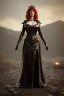 Placeholder: Christina Hendricks as evil queen in black leather gown, cleavage, angry, unreal 5, octane render,cinema4d, dynamic lighting, dramatic lighting, 4k, redshift render, highly detailed, hyper realistic