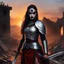 Placeholder: [photorealistic art by Mil Mascaras] she stands, her chainmail stained with blood and dust, stands amidst the ruins of her village, haunted by the horrors of her past. As she embarks on a vengeful quest at sunset, her sword hungers for justice, fueled by the betrayal that scarred her soul. Guided by shadows of past misdeeds, she seeks a reckoning that will bring closure to the tragedy that befell her home.