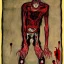 Placeholder: Horror Disfigured bald Vampire with longs arms and claws covered in blood, ,blood big canine teeth with blood,full body, hands with long nails by egon Schiele,