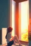 Placeholder: anime style illustration, sad girl sitting on the balcony, looking out of the window, sunset, breeze, shot from inside the house, grain, makoto shinkai, key visual