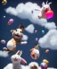 Placeholder: Ultra realistic speed clouds sky scene, wide angle view, childs falling down with many Childs background, rabbit head, inflatable monsters, circus dress style, feather color, free jumping flying, many trinkets, hair monster, many jelly beans, balls, color smoke, smile, happy, extreme, wind, clouds sea, 20,000 feet altitude, stratosphere, soft color, highly detailed, unreal engine 5, ray tracing, RTX, lumen lighting, ultra detail, volumetric lighting, 3d, finely drawn, high definition.