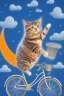 Placeholder: A pedaling cat riding a bicycle is flying at night in the sky over tall buildings.