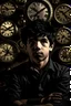Placeholder: a boy with dark hair who has clocks surrounding him