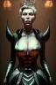 Placeholder: Hannah Waddingham as evil queen in black leather gown, busty, cleavage, voluptous, rebecca Welton, angry, stern look. character design by cory loftis, fenghua zhong, ryohei hase, ismail inceoglu and ruan jia. unreal engine 5, artistic lighting, highly detailed, photorealistic, fantasy